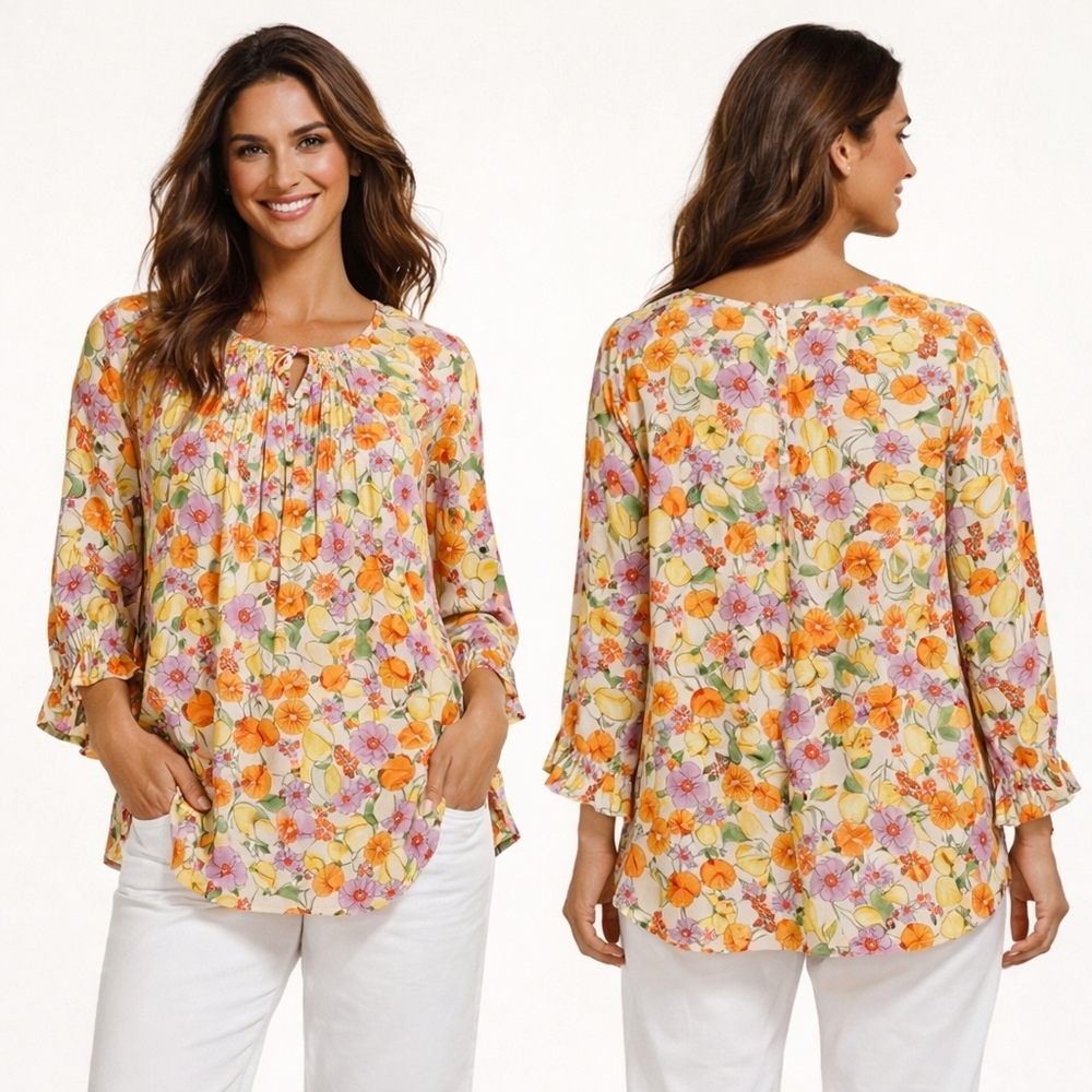 DEMOCRACY Blouse Womens Plus 1X Yellow Orange Floral Cotton Boho Cottagecore